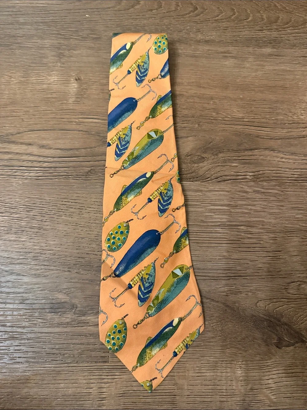 Polo by Ralph Lauren Orange Silk Tie with Blue and Green Fishing Lure Print